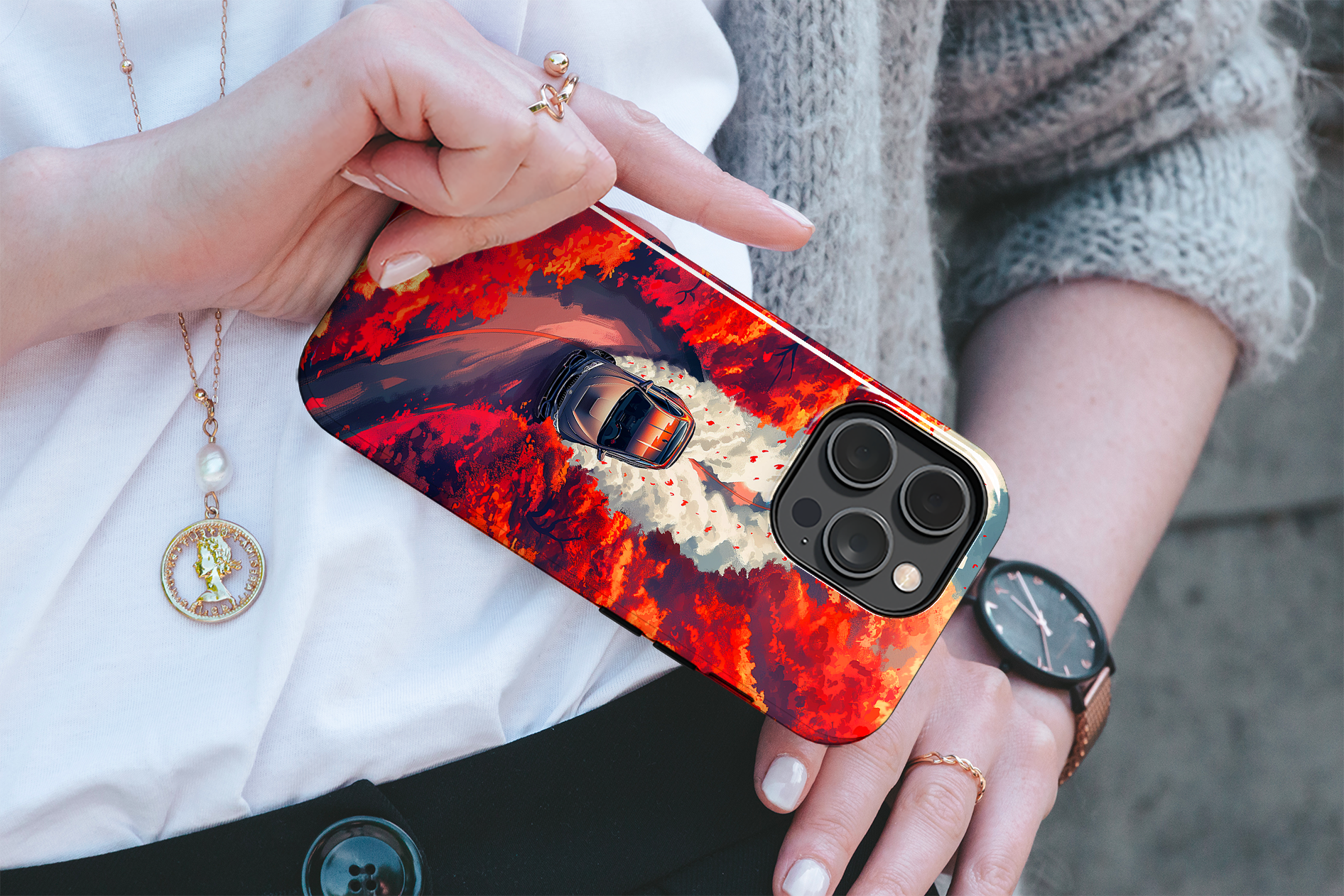 Autumn Drive (iPhone MagSafe Case)Elevate your iPhone's protection and style with RimaGallery's A car journey through a fiery autumnal forest on iphone MagSafe Case against a dark backdrop. Enjoy duaRimaGallery