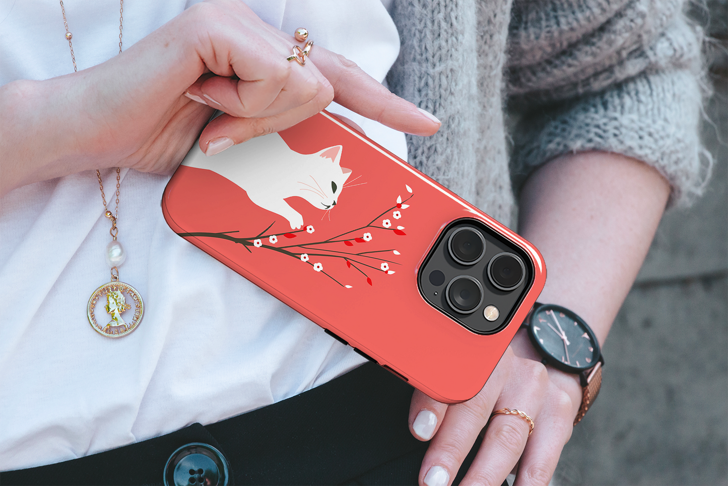 Floral Feline (iPhone MagSafe Case)Elevate your iPhone's protection and style with RimaGallery's Playful cat interacting with delicate flowers on a coral on iphone MagSafe Case against a dark backdropRimaGallery