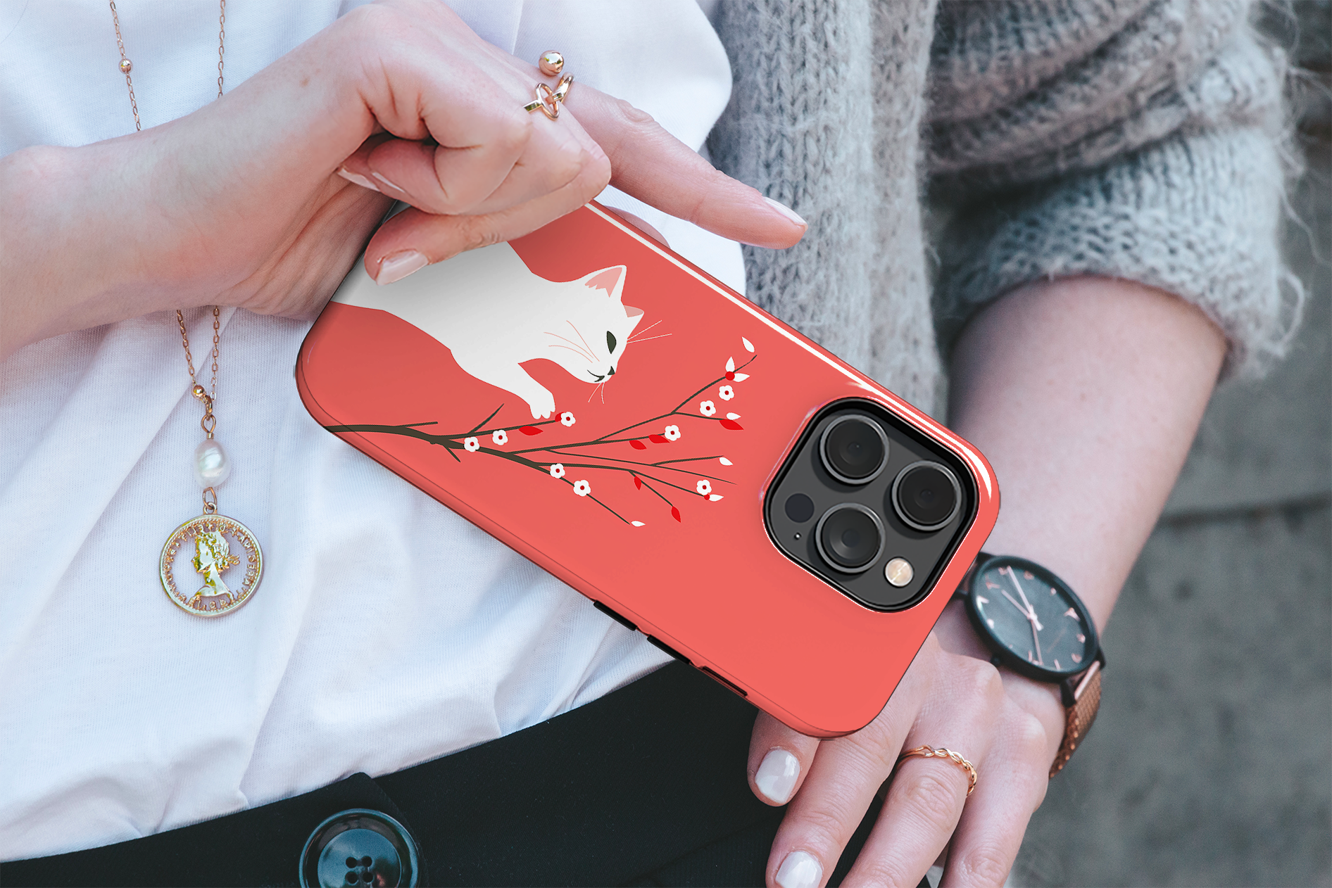 Floral Feline (iPhone MagSafe Case)Elevate your iPhone's protection and style with RimaGallery's Playful cat interacting with delicate flowers on a coral on iphone MagSafe Case against a dark backdropRimaGallery