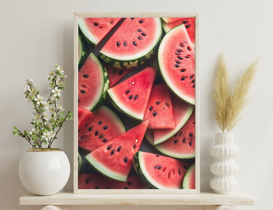 Juicy sliced watermelons showing red flesh with black seeds arranged on a dark background, making a vibrant and refreshing summer fruit composition.

