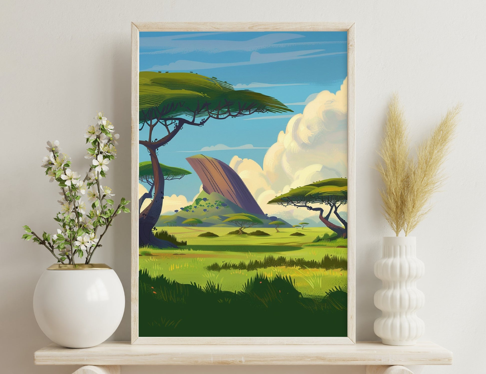 A scenic landscape with umbrella-shaped acacia trees, rolling green hills, a towering rocky formation, and clouds in a blue sky - a vibrant and inviting depiction of the African savanna.
