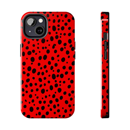 Dotted Delight - Red (iPhone Case 11-15)Elevate your iPhone's style with Rima's Red backdrop with varied black dots case. Sleek, durable protection for models 11-15. Free US shipping.RimaGallery
