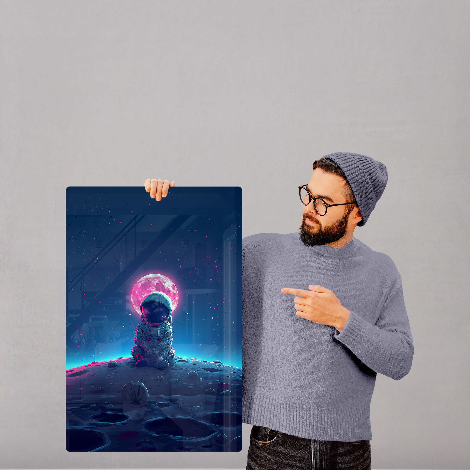 Cosmic Contemplation (Acrylic)Step into the universe with an astronaut in deep thought on the lunar surface under a glowing moon. Acrylic art from RimaGallery. Experience the cosmos in your home RimaGallery