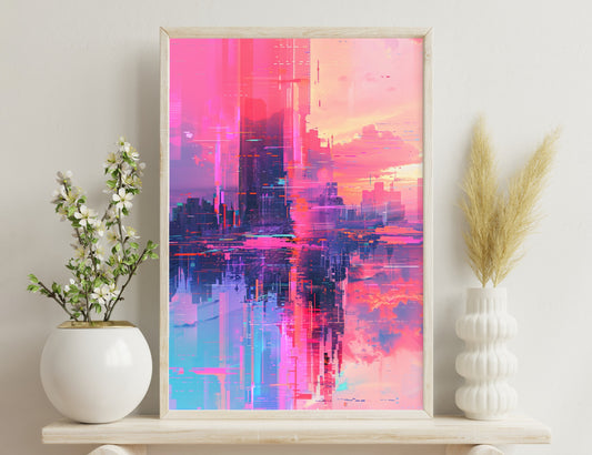 An abstract digital artwork featuring a vibrant cityscape in shades of pink, purple, and orange, with geometric shapes and glitches resembling towering skyscrapers and reflected lights on water.
