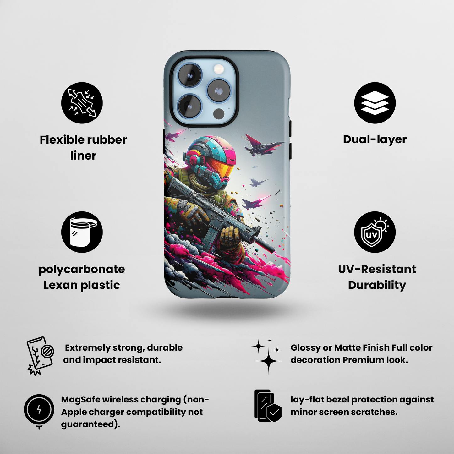 Spectrum Soldier (iPhone MagSafe Case)Spectrum Soldier MagSafe Durable Case: Style Meets Protection 📱✨
Upgrade your device with Rima Gallery's Spectrum Soldier MagSafe Durable Case. This case isn’t justRimaGallery