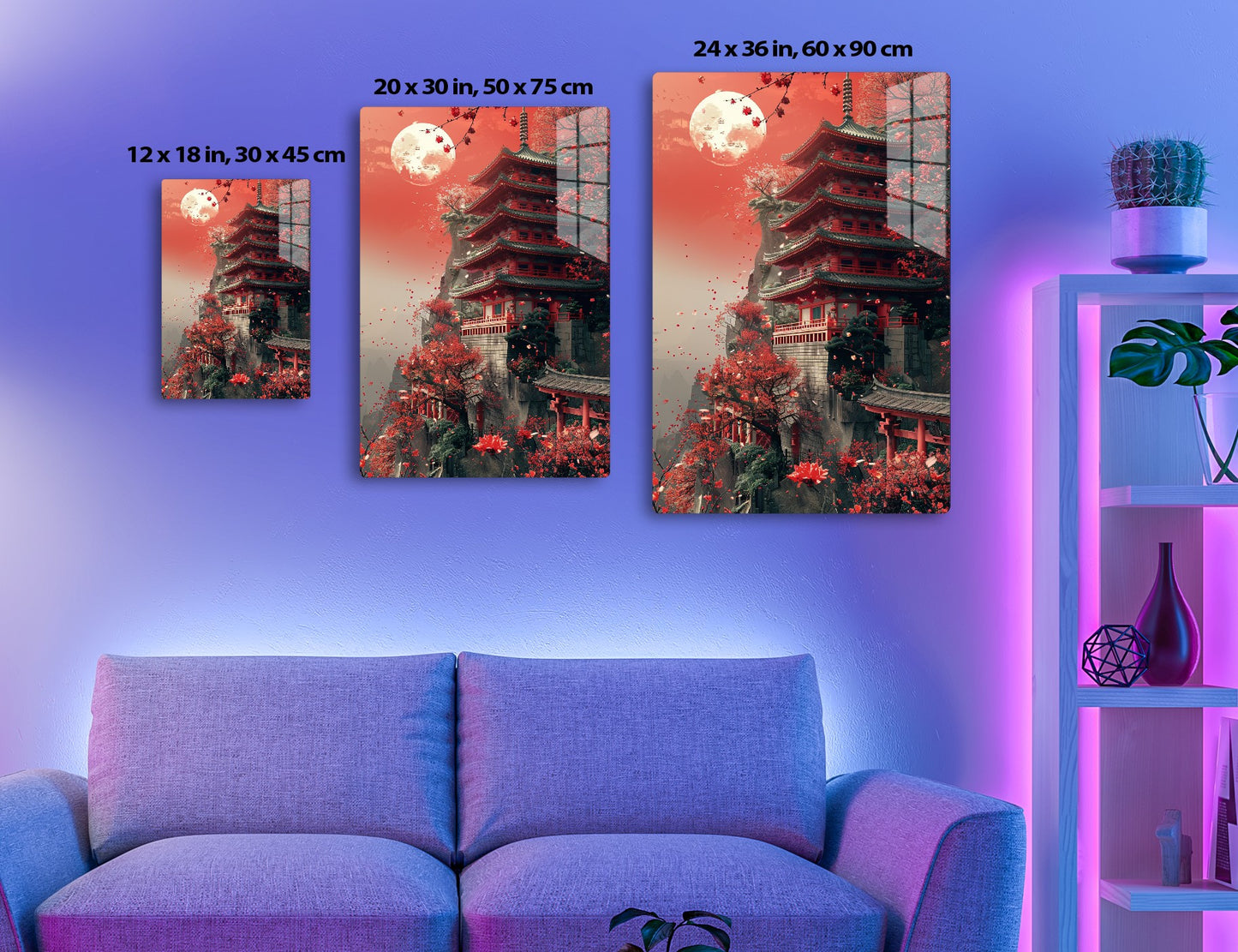 A towering traditional Japanese pagoda amidst vibrant red autumn foliage and a large full moon in a reddish sky, creating a serene and mystical atmosphere.
