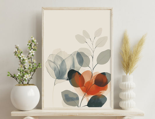 Stylized illustration of abstract shapes resembling overlapping colorful leaves or petals in shades of gray, blue, and burnt orange, creating an artistic floral design against a light background.
