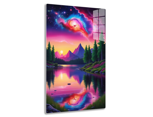 A cosmic scenery with a swirling, colorful nebula in vibrant shades of pink, orange and blue dominates the night sky, reflected in a calm lake surrounded by mountains, trees and grassy shores, creating a surreal
