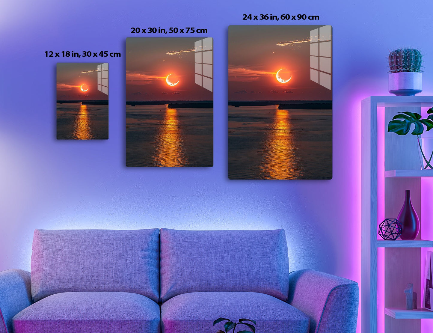 A crescent sun setting over a reflective lake, casting a fiery orange glow and sun trail on the rippling water against a cloudy sky.
