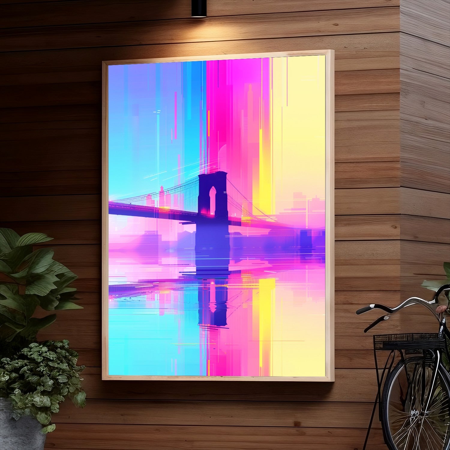 Abstract impressionistic digital art depicting the iconic Brooklyn Bridge in New York City, with vibrant shades of blue, pink, and yellow creating a colorful and dynamic composition that captures the essence of the famous landmark.
