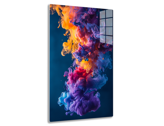 Vibrant, swirling clouds of richly colored smoke unfurling in abstract shapes against a dark blue background, evoking imaginative visions of fire and energy in motion.
