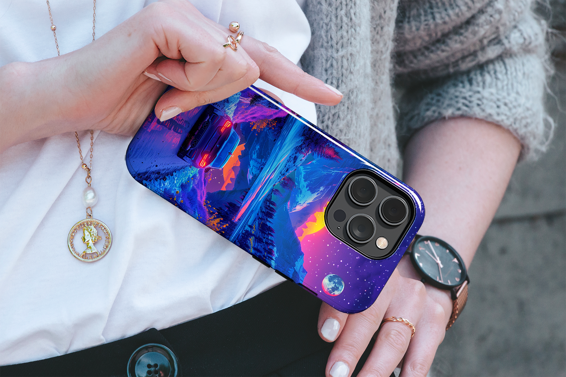 Celestial Drive (iPhone Case 11-15)Elevate your iPhone's protection and style with RimaGallery's A scenic drive through a vibrant twilight mountain landscape case, featuring dual-layer defense and a sRimaGallery