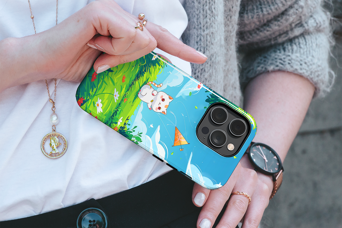 Kite Kitty (iPhone Case 11-15)Elevate your iPhone's protection and style with RimaGallery's A charming illustration of a kitten flying a kite on a sunny daye On case, featuring dual-layer defenseRimaGallery