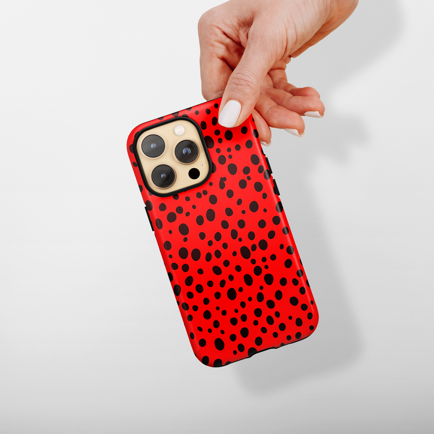 Dotted Delight - Red (iPhone MagSafe Case)Elevate your iPhone's style with the Red backdrop with varied black dots MagSafe Case, offering robust protection, MagSafe compatibility, and a choice of matte or glRimaGallery