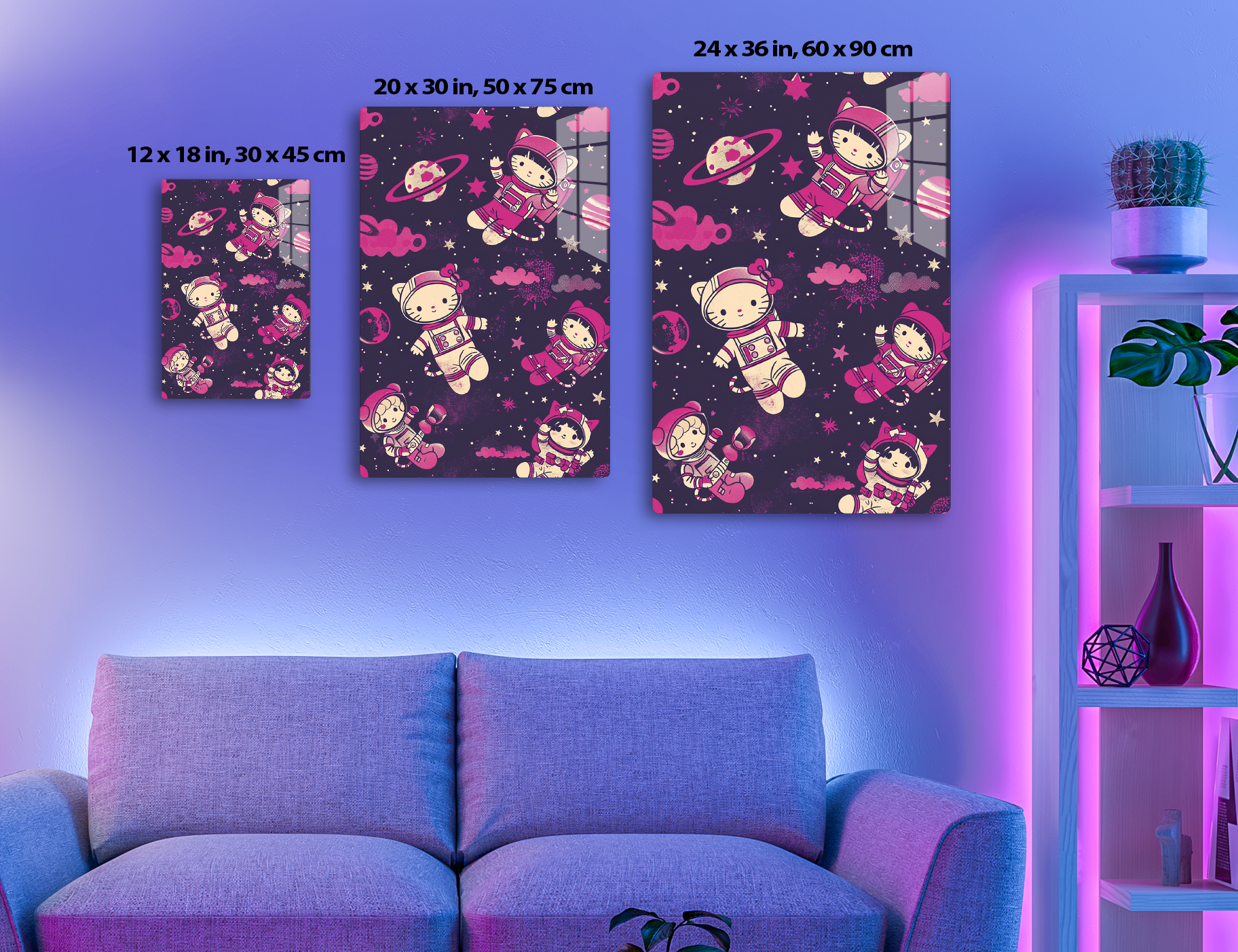 Cat astronauts floating in space with planets, stars, and clouds in shades of pink and purple - a whimsical, stylized illustration.
