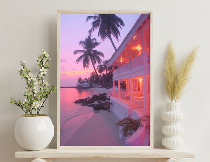 A beachfront resort with palm trees and a warm pink sunset sky, featuring a long building with red lights along the waterfront and a small boat dock in the distance.
