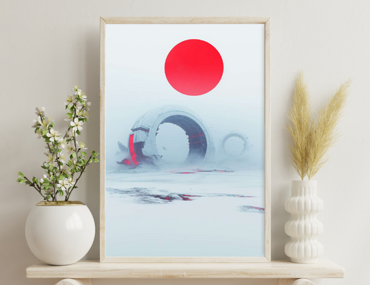 Red sun overshadows wreckage of a crashed metallic structure submerged in water, splashing red against an ethereal backdrop, conveying a surreal and ominous scene.
