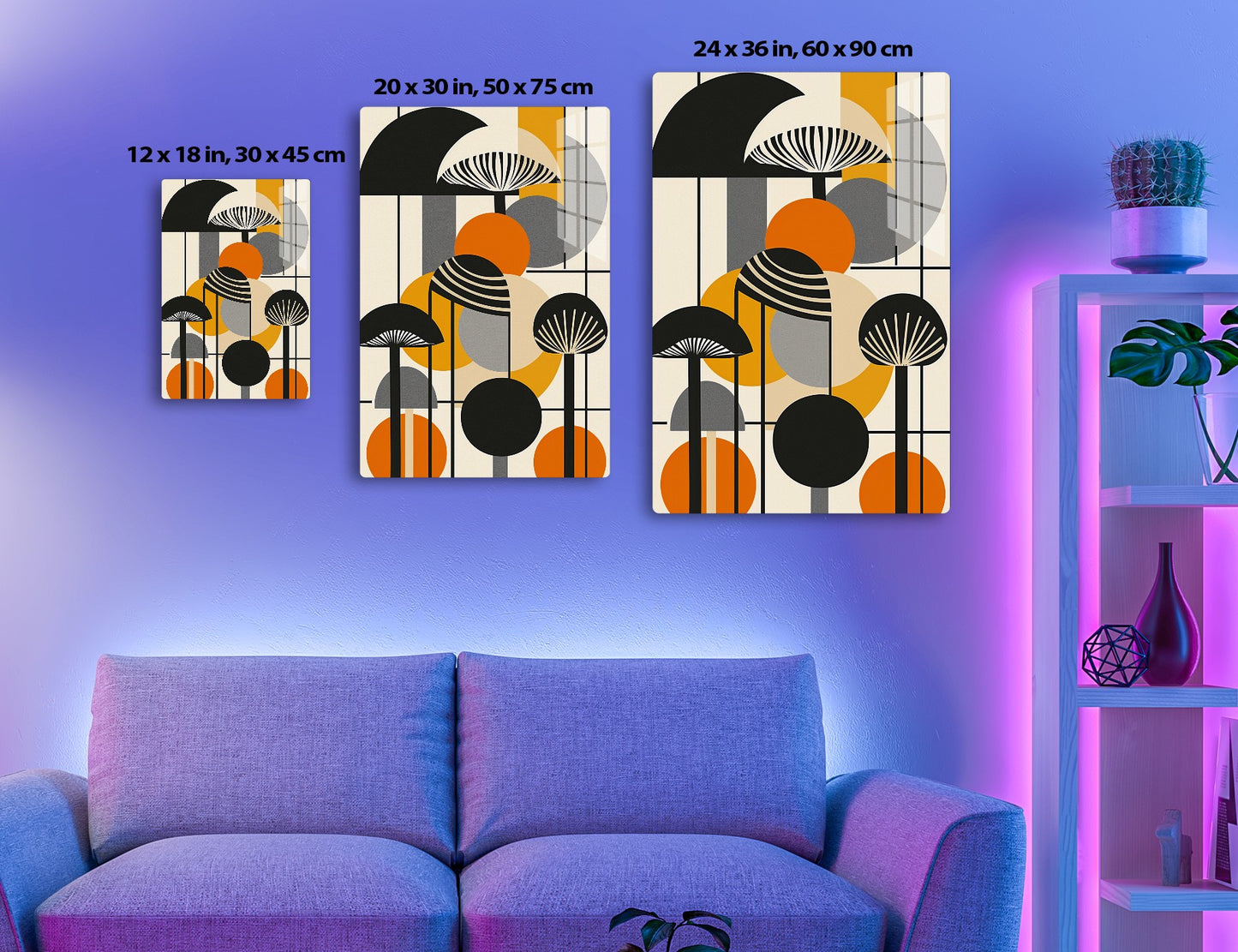 Geometric abstract composition with black semi-circles, orange orbs, and striped mushroom-like shapes against a beige, gray, and yellow background in an Art Deco style.
