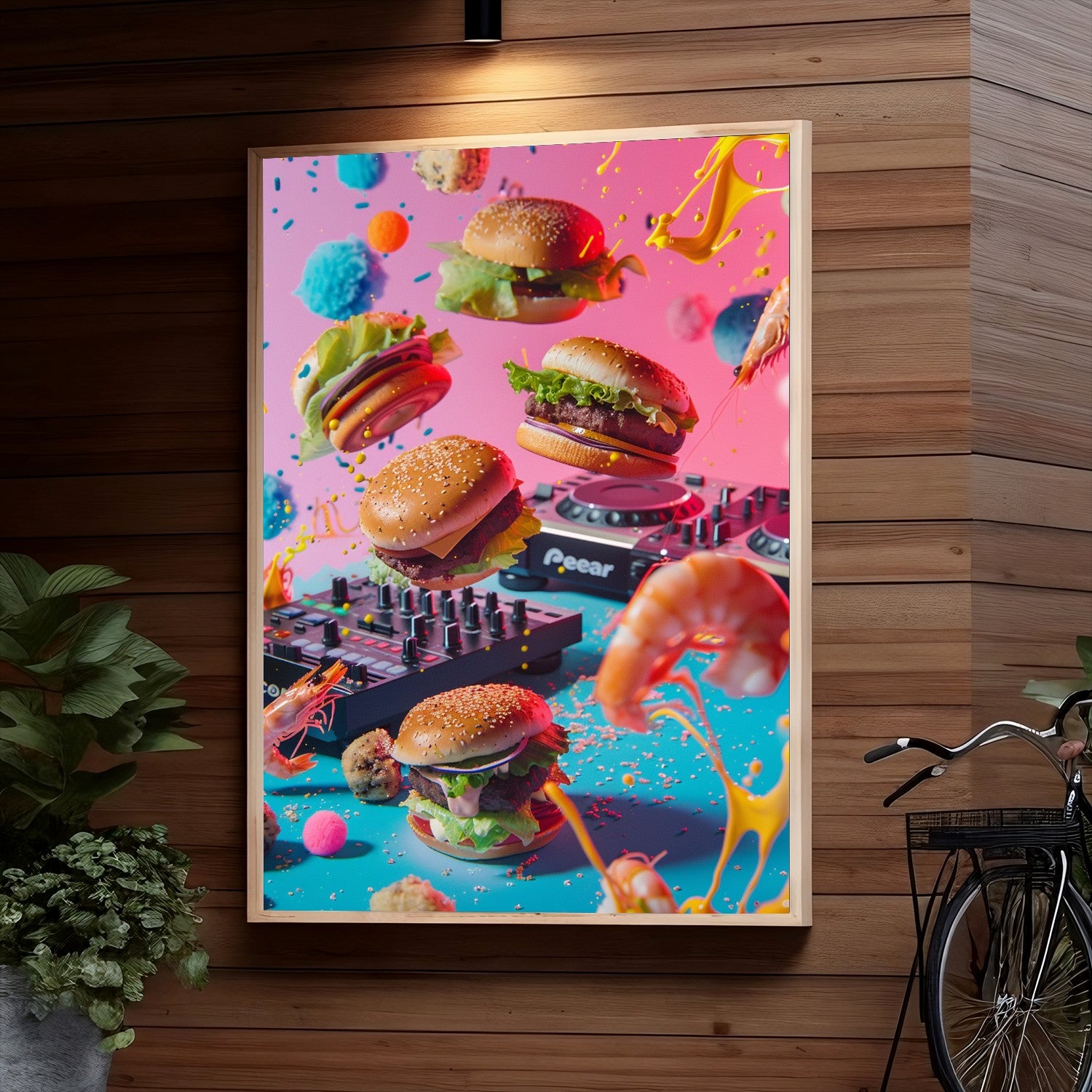 Assortment of burgers levitating among colorful splashes and a DJ mixer, creating a surreal and vibrant scene combining food and music elements.
