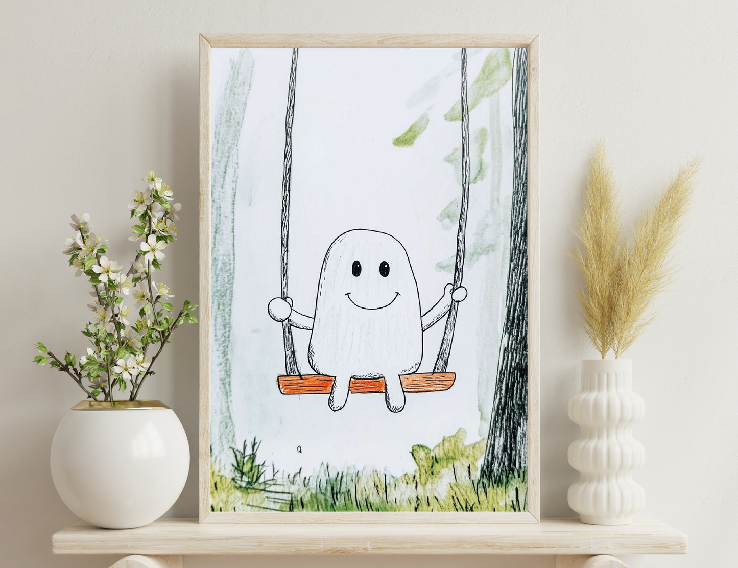 A smiling ghost or spirit character sitting happily on a swing suspended by ropes between two trees in a grassy outdoor scene.
