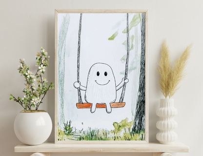 A smiling ghost or spirit character sitting happily on a swing suspended by ropes between two trees in a grassy outdoor scene.
