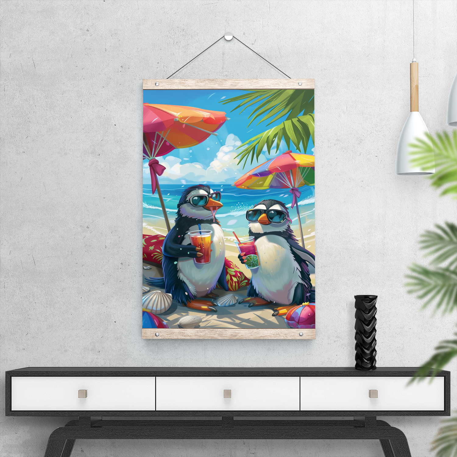 Two penguins wearing sunglasses and enjoying tropical drinks on a sunny beach, surrounded by colorful umbrellas, palm trees, and seashells.

