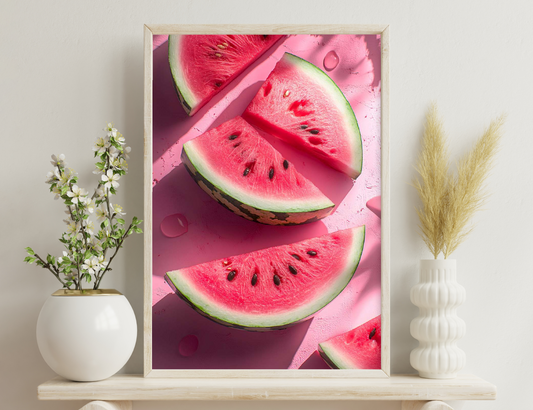 Fresh watermelon slices on a pink background, showing their vibrant red flesh with black seeds and green rind. A few water droplets are visible on the slices, adding to the juicy, refreshing appeal.
