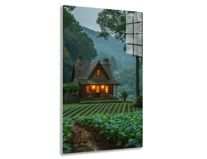 A rustic log cabin surrounded by lush greenery, vegetable gardens, and misty mountains in a secluded forest setting, with warm lights glowing from the windows.
