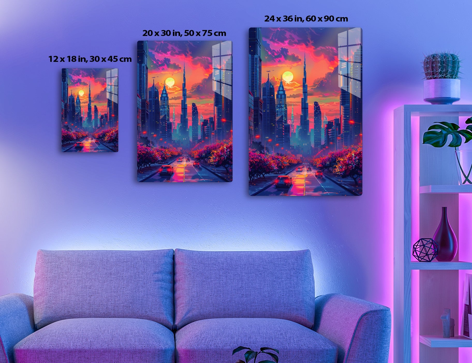 A vibrant cityscape with towering skyscrapers, a stunning sunset sky with shades of pink and orange, and colorful blooming trees lining a street with cars on the road.
