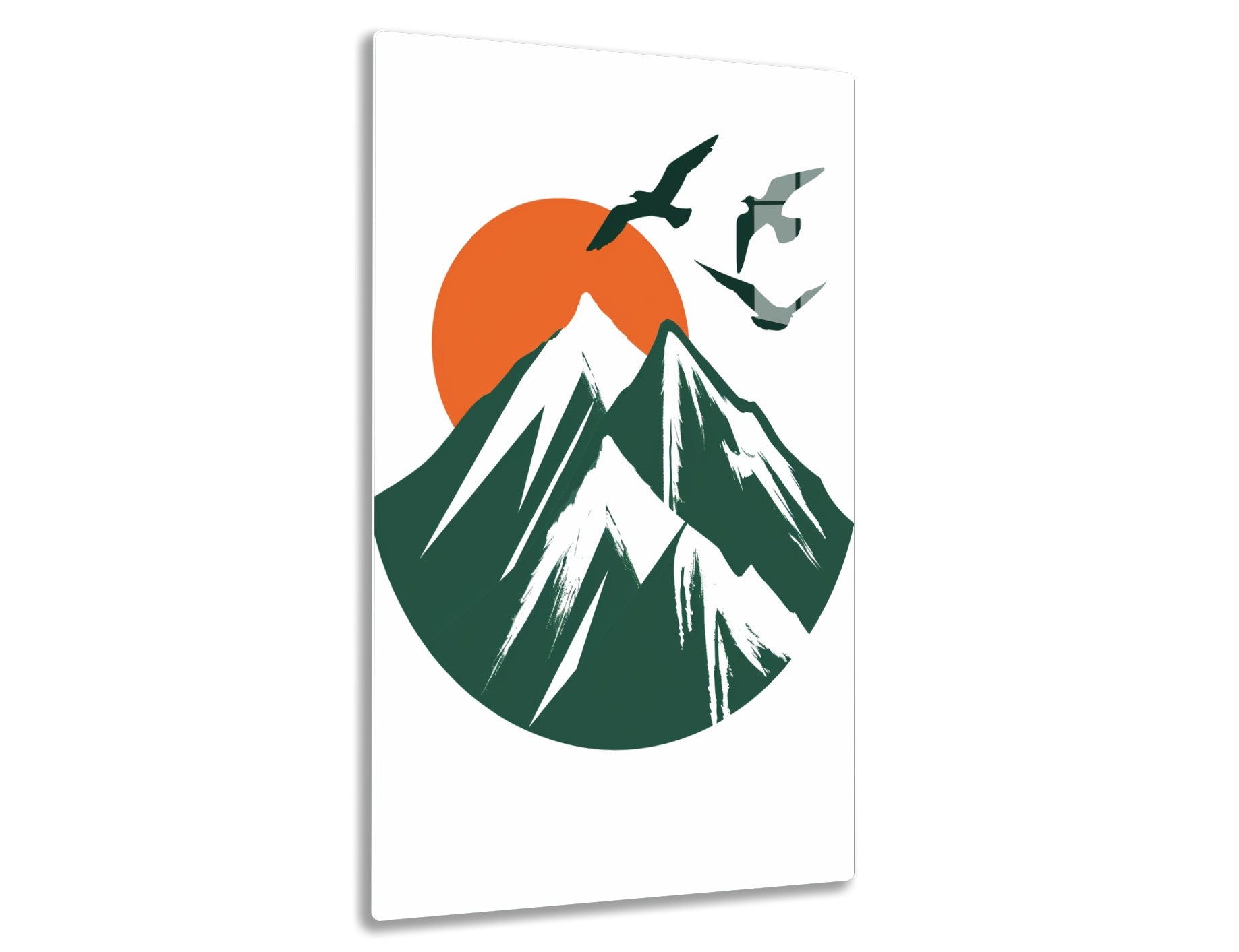 Snow-capped mountain peaks against an orange sun with flying birds silhouetted
