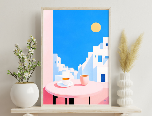 Colorful abstract illustration of a sunny Greek island village, with whitewashed houses against a bright blue sky with a yellow sun, and two cups of coffee on a pink table in the foreground.
