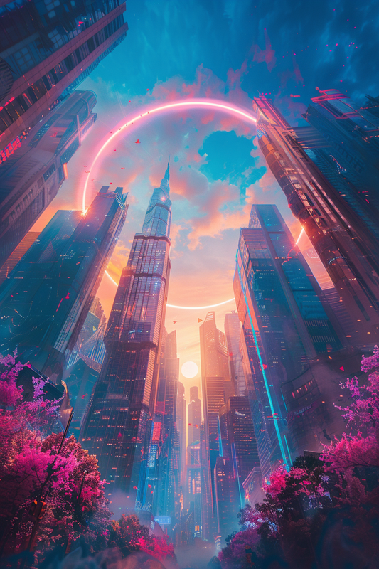 A futuristic city skyline with towering skyscrapers, a glowing circular arch in the sky, and vibrant pink trees in the foreground, creating a surreal, cyberpunk-inspired urban landscape.
