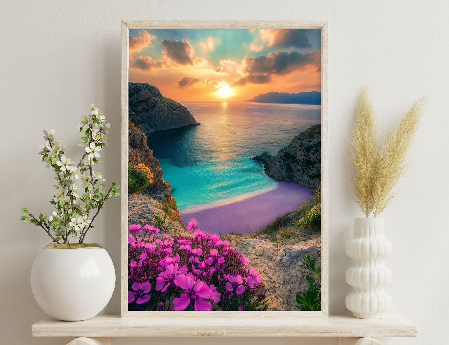 A stunning sunset over a secluded bay, with rocky cliffs framing vibrant turquoise waters reflecting the orange and pink clouds. Bright purple wildflowers in the foreground add a burst of color to the breathtaking natural
