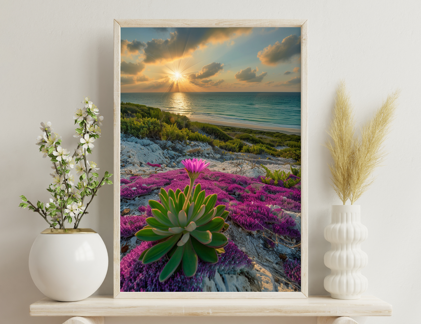 A scenic beach at sunset, with a lush green succulent plant and vibrant pink ground cover in the foreground, overlooking the turquoise ocean waters reflecting the golden sun rays peeking through dramatic clouds.
