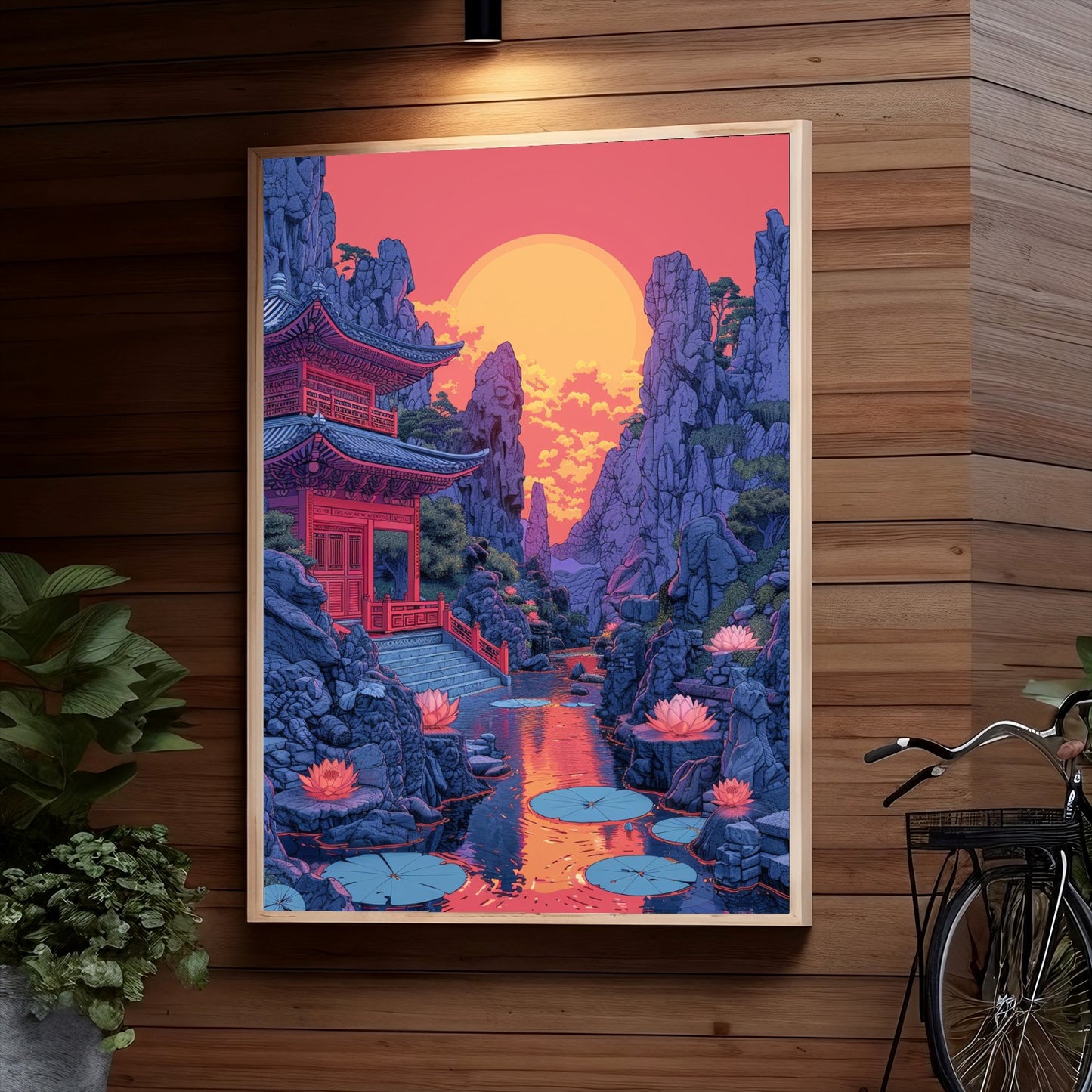 A tranquil Asian garden scene with a red pavilion, towering rocky mountains, lotus flowers on a winding stream reflecting a huge orange sun, amidst vibrant twilight hues.
