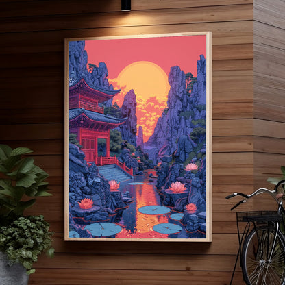 A tranquil Asian garden scene with a red pavilion, towering rocky mountains, lotus flowers on a winding stream reflecting a huge orange sun, amidst vibrant twilight hues.
