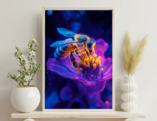A close-up vibrant image of a honey bee pollinating a purple flower, with its transparent wings extended and golden pollen grains visible, set against a blurred blue background with bokeh lights.
