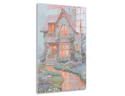 A charming cottage with stone walls, arched windows, and tiled roofs surrounded by a lush garden with blooming flowers, a winding brick path, and cherry blossom trees in the background.
