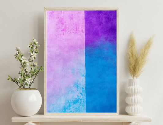A vivid and abstract composition with gradients transitioning from light purple to deep violet and vivid blue hues, evoking a sense of tranquility and harmony through the blending of colors.
