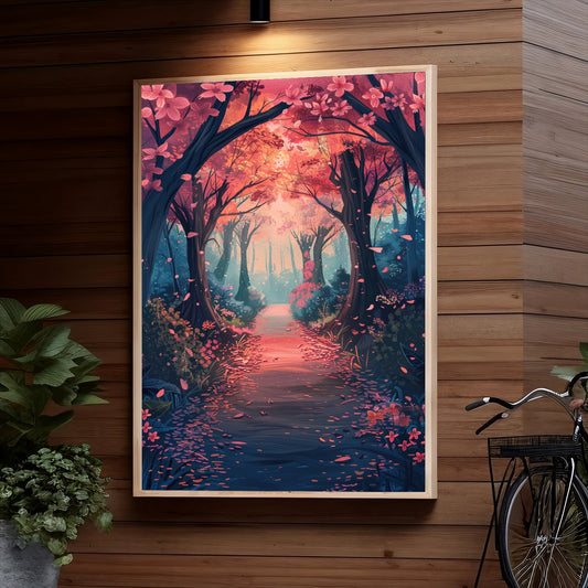A whimsical path winds through a colorful forest arched by twisted trees, petals drifting in the air and reflecting in a flowing stream, with a warm fiery glow illuminating the mystical scenery.

Human

