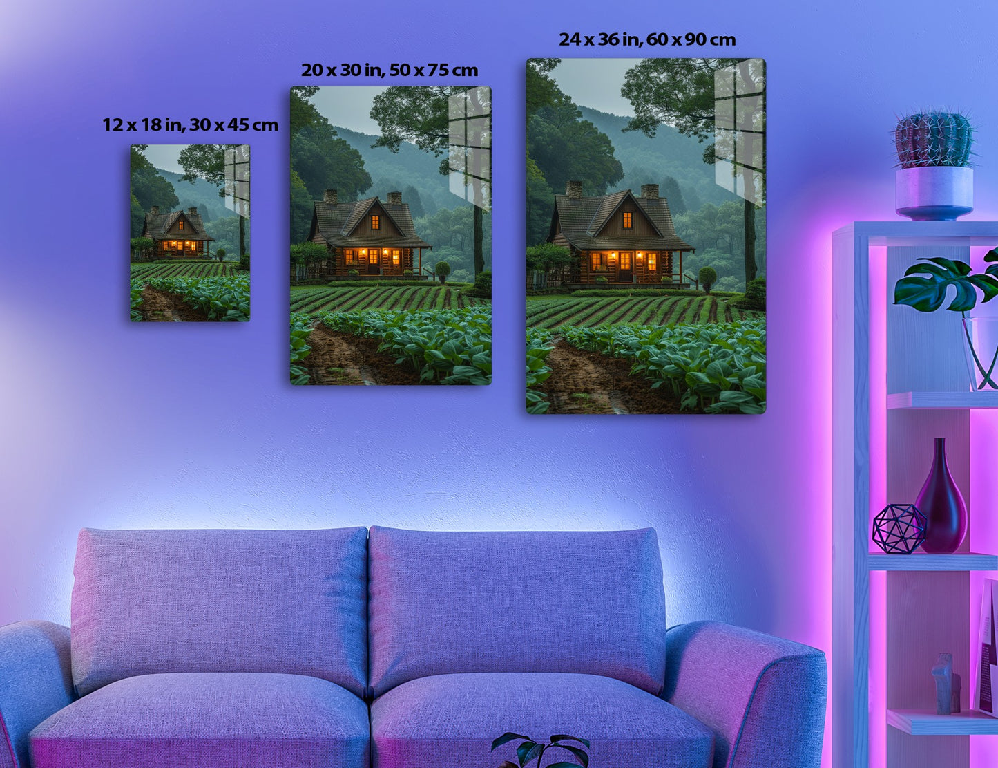 A rustic log cabin surrounded by lush greenery, vegetable gardens, and misty mountains in a secluded forest setting, with warm lights glowing from the windows.
