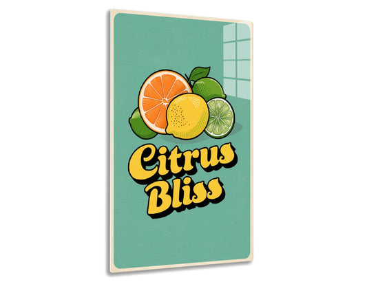 Illustration featuring various citrus fruits like orange slices, lemon, lime, and a green leaf on a teal background with the text "Citrus Bliss" in a stylized retro font.
