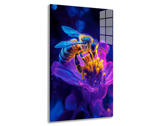 A close-up vibrant image of a honey bee pollinating a purple flower, with its transparent wings extended and golden pollen grains visible, set against a blurred blue background with bokeh lights.
