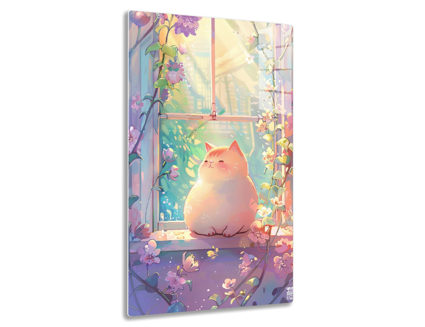 A chubby ginger cat sleeps peacefully on a windowsill surrounded by vibrant, blooming flowers against a dreamy outdoor backdrop.
