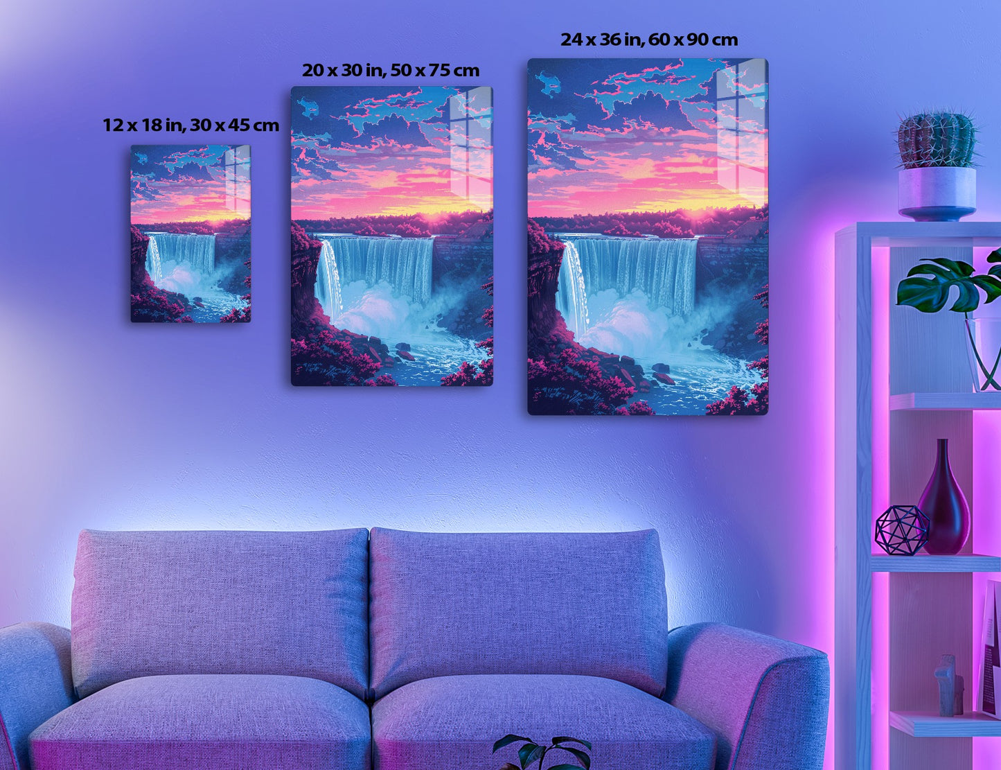 A vibrant pink and blue sunset sky overflows with clouds above a breathtaking waterfall crashing into a misty pool surrounded by lush pink foliage.
