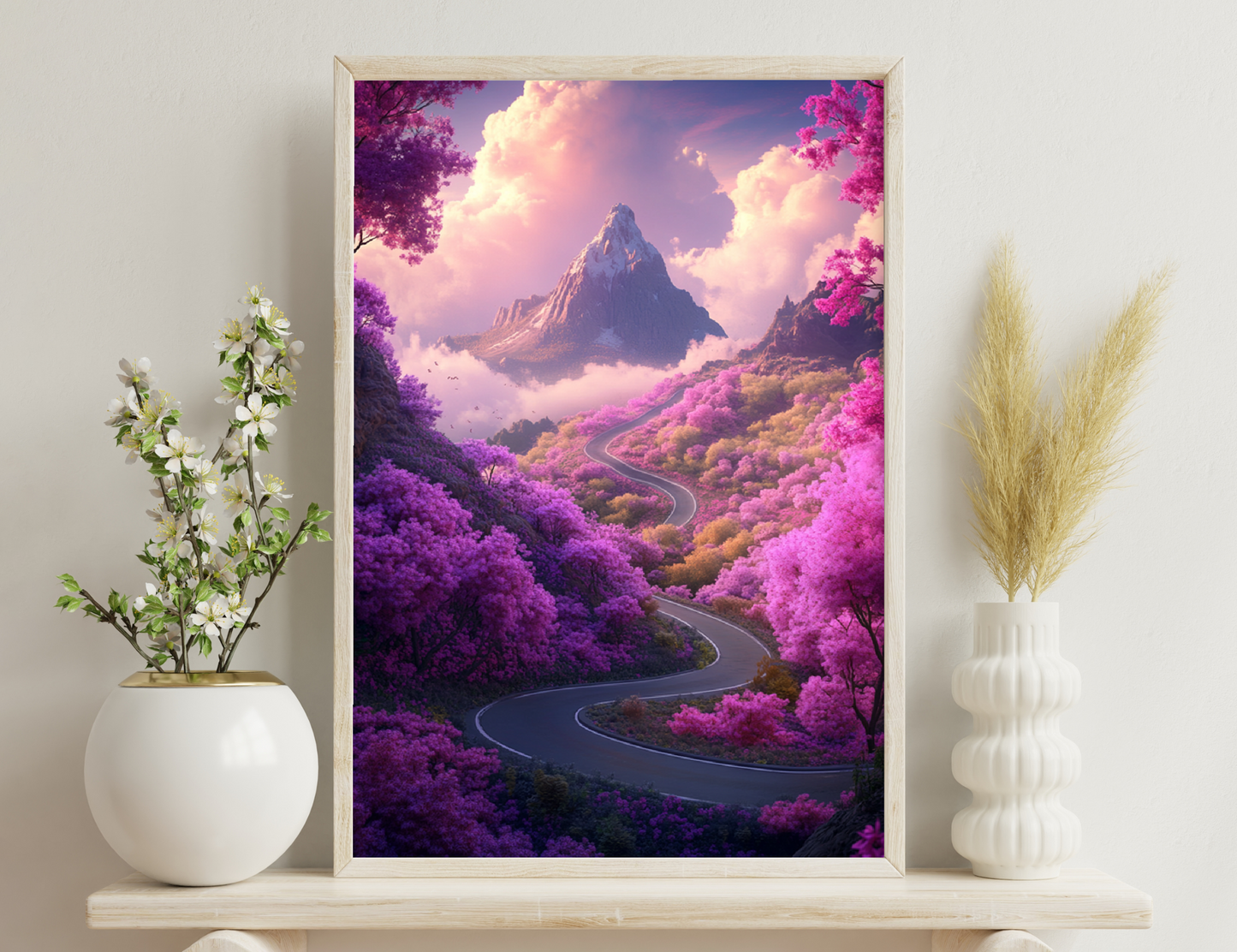 A winding road leads through a surreal landscape of vibrant pink and purple trees and bushes towards a towering mountain peak under a dramatic cloudy sky, creating a dreamlike, fantastical scene.
