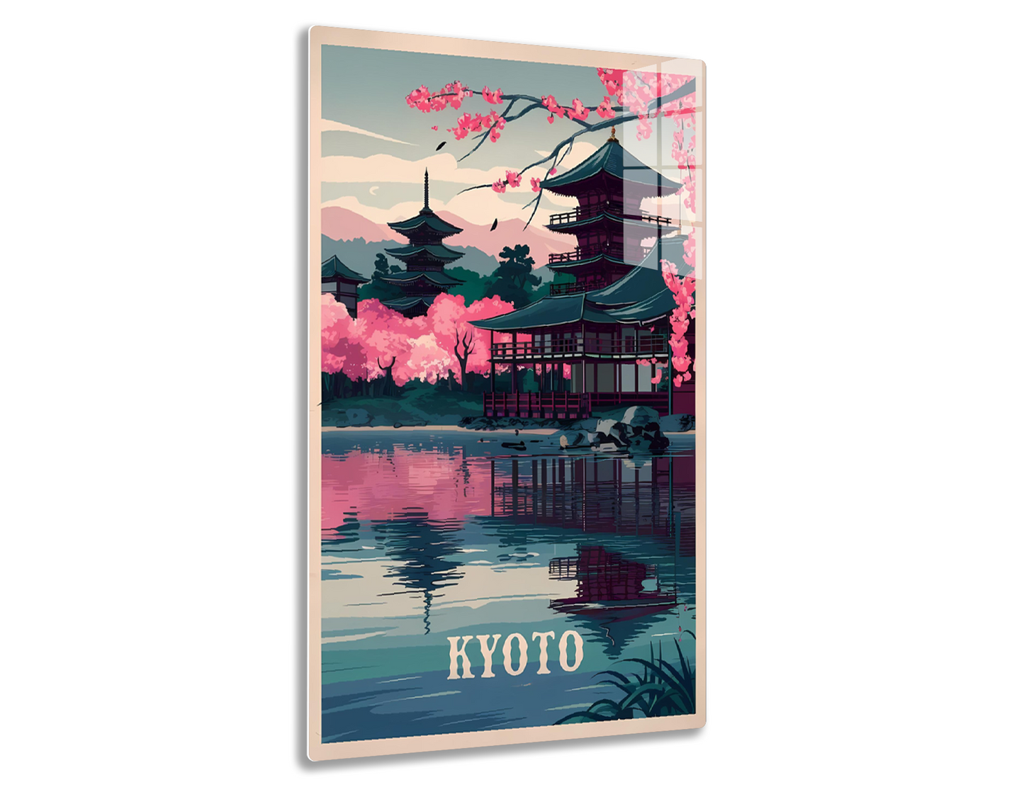 A vintage-style travel poster depicting a serene Japanese landscape with pagoda temples reflected in a lake, surrounded by cherry blossoms, mountains, and deer, promoting Kyoto as a destination.
