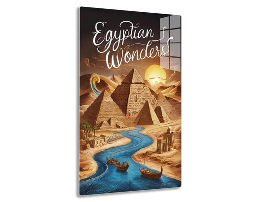 An Egyptian landscape with pyramids, hieroglyphics, river, boats, and a sunset, titled "Egyptian Wonders" in cursive text.
