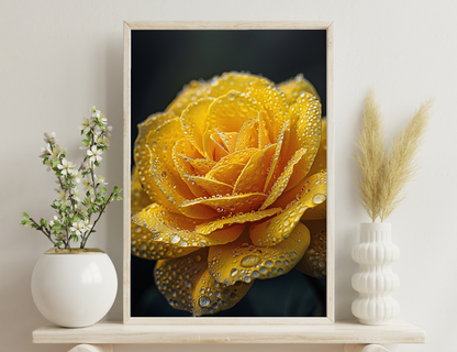 A close-up of a vibrant yellow rose coated in glistening water droplets, capturing its delicate folds and textures against a dark background.
