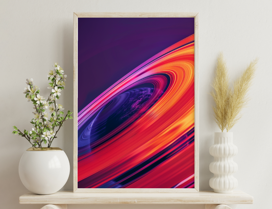 A striking close-up image of Saturn's rings showcasing vivid colors of orange, red, and purple, with a glimpse of the planet's surface in deep purple and blue hues.
